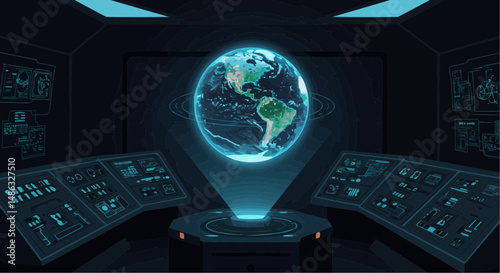Vector Art Design of futuristic control room with Earth hologram  