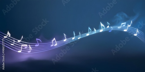 A fluid wave of glowing musical notes drifting through a deep blue mist, creating an ethereal, dreamlike rhythm.