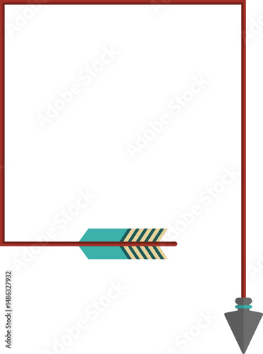 Square geometric shape, in the shape of a tribal arrow with tip and feather traveling along paths of different geometric shapes, to direct information in the design