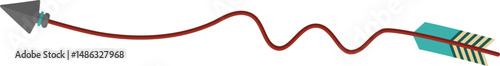 Wavy and irregular graphic line, in the shape of a tribal arrow with tip and feather traveling along paths of different geometric shapes, to point out elements of the graphic composition