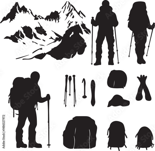 Silhouette Hiking Mountain Scene Vector Illustration Set