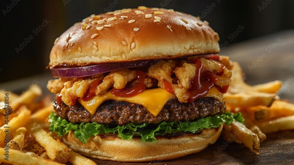 A cozy late night burger setup featuring premium fast food combos with signature burgers and loaded fries overlay cut out on isolated transparent removed background