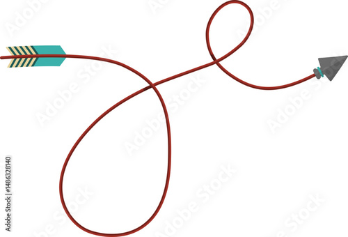 Curved graphic path, shaped like a tribal arrow with tip and feather traveling along paths of different geometric shapes, one big loop and one small loop