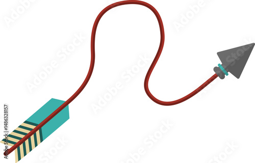 Wavy graphic line, with one wave, in the shape of a tribal arrow with tip and feather traveling along paths of different geometric shapes, to direct information in design