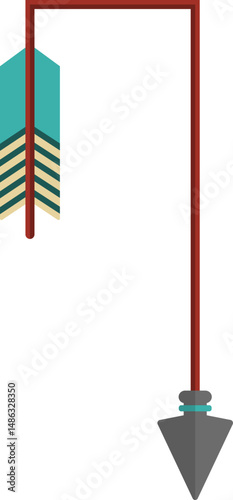 Straight graphic line with two corners returning, in the shape of a tribal arrow with tip and feather traveling along paths of different geometric shapes, to direct information in the design