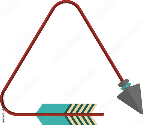 Curved graphic path, shaped like a tribal arrow with tip and feather traveling along paths of different geometric shapes, with a triangular shaped path with rounded corners