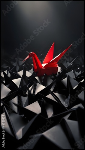A single red paper crane resting among hundreds of black origami birds, as if it were the only one who dared to be different.