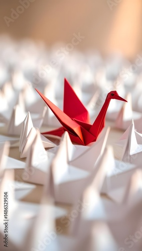 A single red paper crane resting among hundreds of white origami birds, as if it were the only one who dared to be different.7
