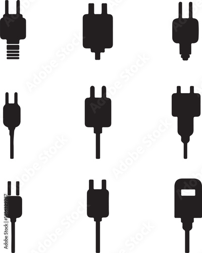 Black Silhouette Power Plugs: Diverse Electrical Connector Types