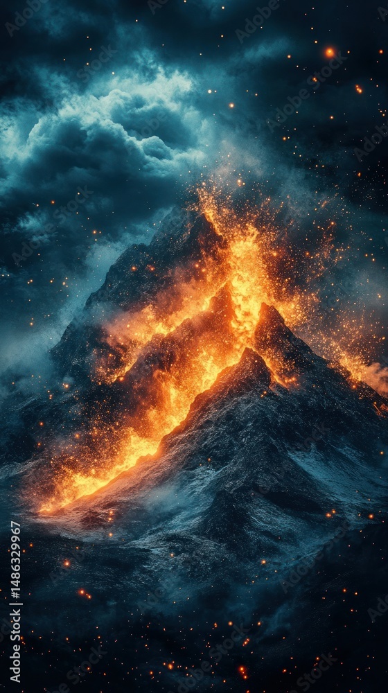 Obraz premium Fiery mountain peak erupting with blazing flames against a stormy sky