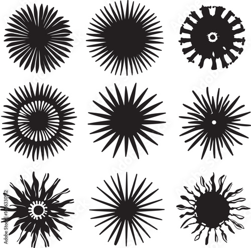 Black Ink Sunburst Designs Set, Hand-Drawn Radial Patterns