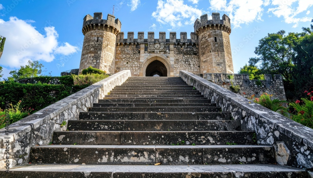 Stone staircase leads to an old fortified gateway under a bright blue sky Stone staircase leads to an old fortified gateway under a bright blue sky