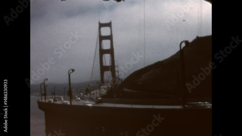 Golden Gate Bridge Traffic 1962 - Traffic movess across the Golden Gate Bridge in San Francisco, California in 1962.