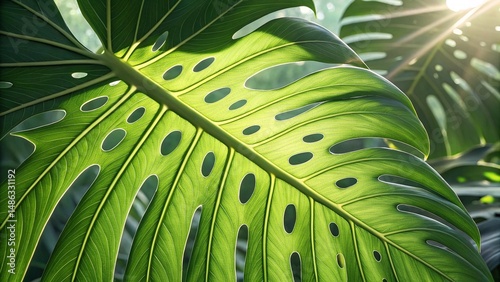 Sunlight shining through tropical monstera leaf. Close-up of a green monstera leaf with sunlight streaming through its holes, highlighting texture and natural tropical beauty
