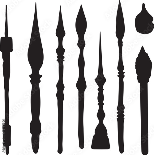 Black Silhouettes of Ancient Spears and Arrowheads, Vector Art