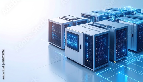 Server farm cabinets, white, with blue displays and networking lines