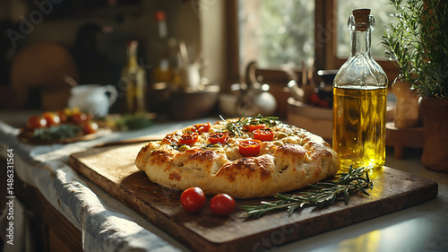 Wallpaper Mural Freshly baked focaccia bread with tomatoes and olive oil on a table   Torontodigital.ca
