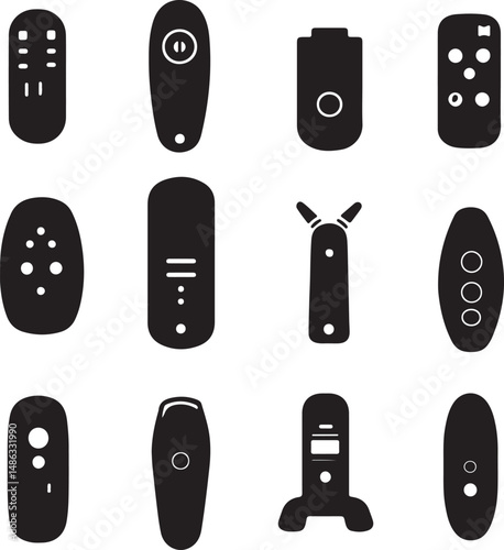 Remote Controls Silhouettes: Vector Icons Set, Black & White Design