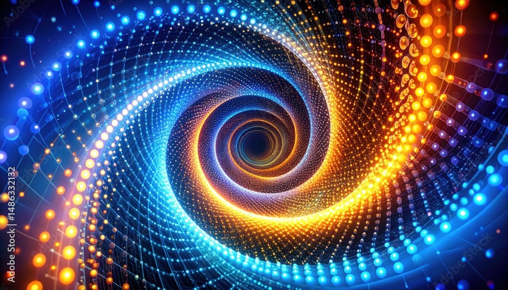 Swirling tunnel of blue & orange light. A vortex of dots creates depth & movement Swirling tunnel of blue & orange light. A vortex of dots creates depth & movement