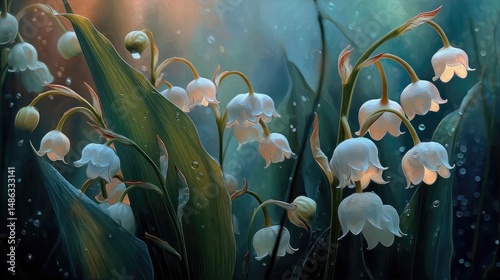 A poetic floral artwork featuring softly glowing Lily of the Valley blooms against a dreamy backdrop