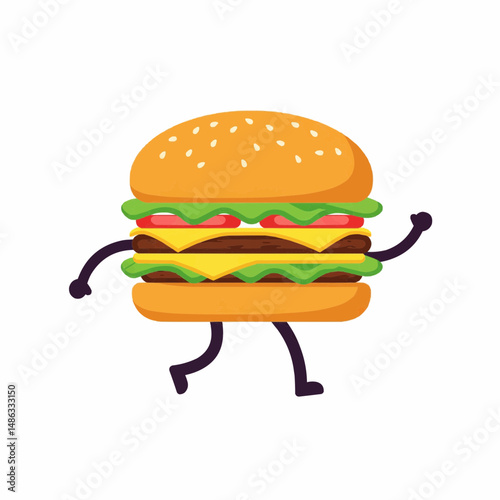 burger with anthropomorphic features, happily running with a cheerful expression