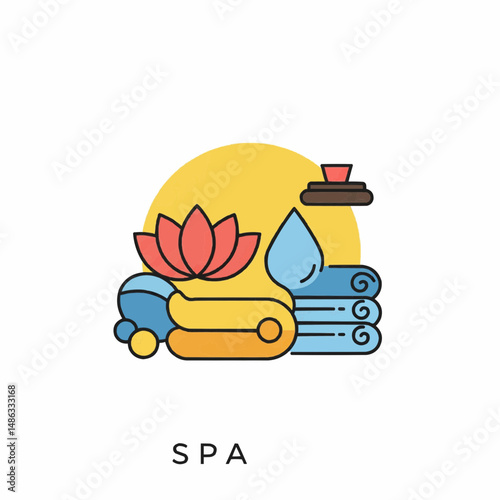  spa scene with elements of relaxation, including a lotus flower and rolled towels
