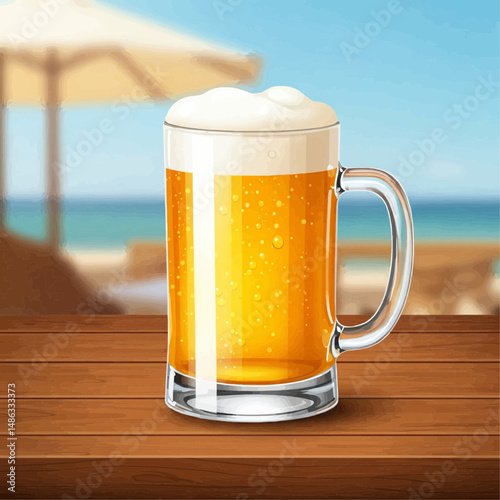  beer on a wooden table at a seaside resort, inviting you to relax and enjoy the moment. The beer is golden and the foam is rich and creamy