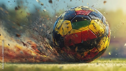 A soccer ball painted in German flag colors hurtles across the field in a dynamic move, symbolizing the passion and intensity of extreme football.