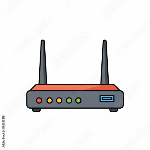 A modern WiFi router with two antennas. It has four LED lights for connectivity status and a USB port for connecting external devices
