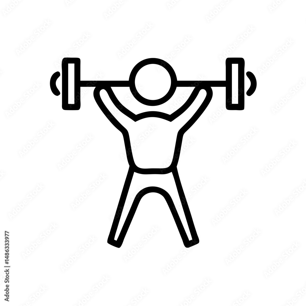 Minimalist black outline vector icon of a person lifting barbell weights, symbolizing strength, sport, and weight training in a clean and simple design. Minimalist black outline vector icon of a person lifting barbell weights, symbolizing strength, sport, and weight training in a clean and simple design.