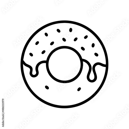 Minimalist black outline vector icon of a donut with icing, symbolizing dessert, sweetness, and treat in a clean and simple design.