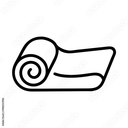Minimalist black outline vector icon of a rolled-up yoga mat, symbolizing fitness, relaxation, and wellness in a clean and simple design.