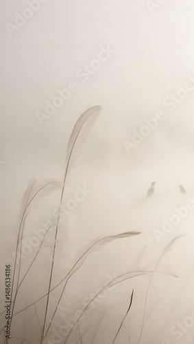 A soft, dreamy mist interwoven with feathery textures, reflecting the peaceful solitude of birdwatching.5