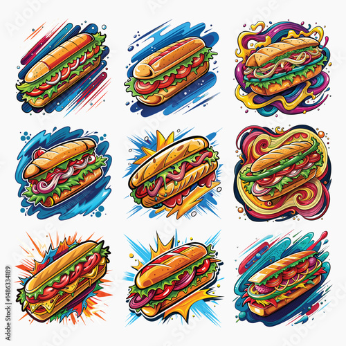 Colorful Sub Sandwich Clipart Set, t-shirt designs, digital art, and merch. High-quality, colorful fast food clipart bundle for creatives and designers