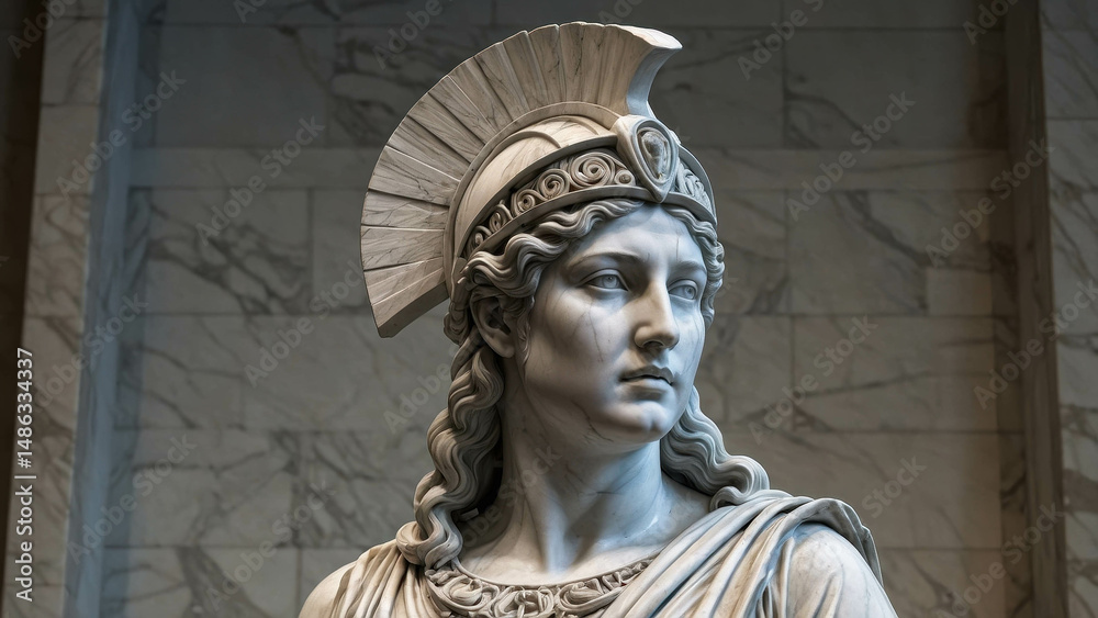Obraz premium Ancient Greek Marble Sculpture of Athena: Iconic Female Warrior Statue with Detailed Helmet in Museum Exhibition