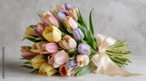 A romantic bouquet featuring pastel-hued tulips gently bundled in a soft silk bow