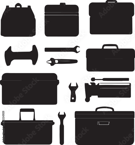 Black Toolboxes and Tools Silhouettes: Vector Illustration Set