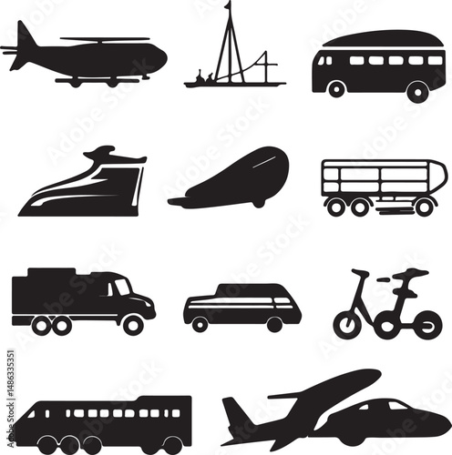 Black Silhouette Transportation Icons: Vehicles, Travel, and Transit