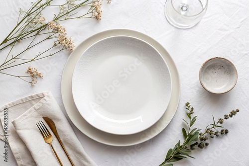 Elegant Minimal Table Setting with White Plates. Top view of a simple, stylish table setup featuring white plates, gold cutlery, glassware, and botanical elements on white linen