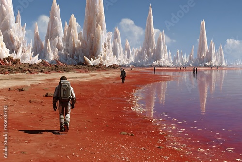 Exploration of alien landscape with crystal formations