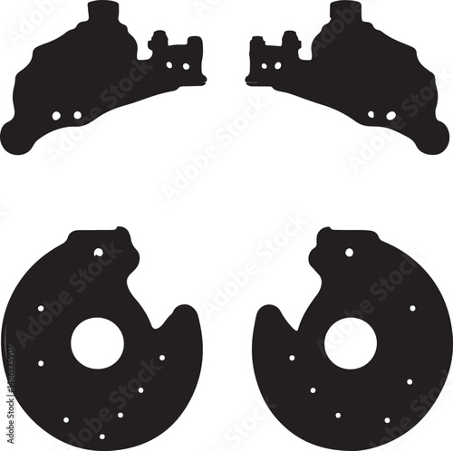 Black Car Brake Calipers and Rotors Silhouette Set, Vector Art