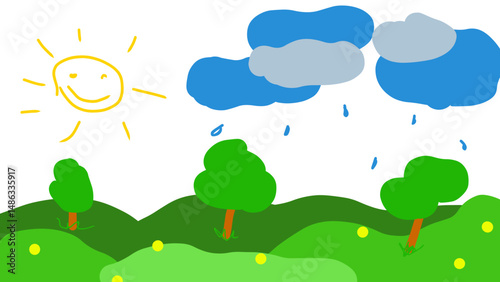 Cheerful landscape with smiling sun, rain, green hills and trees. 