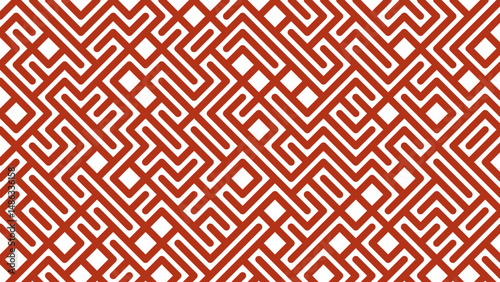 Intricate reddish-brown geometric pattern with interwoven lines and shapes on white. A bold, organic-inspired design with mathematical precision and warmth