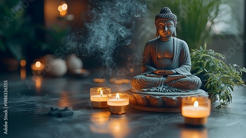Peaceful Buddha meditation with glowing candles and incense smoke