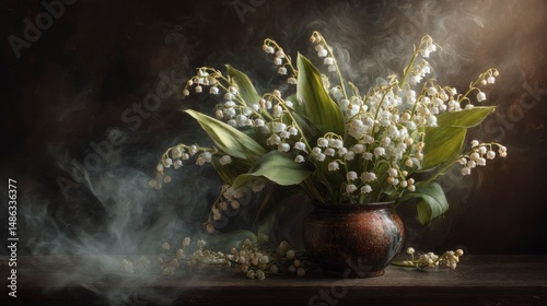 A serene Lily of the Valley arrangement where blossoms seem to hover softly within swirling steam