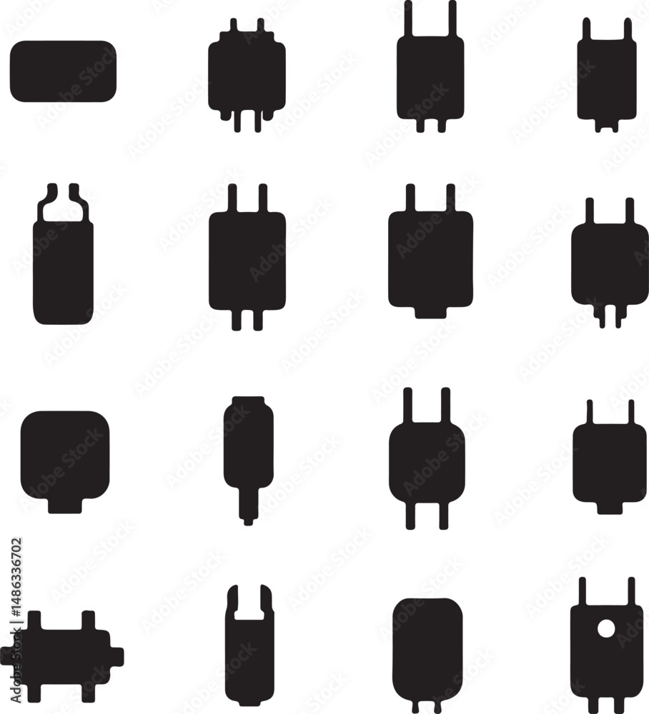 Black Silhouettes of Various Electronic Components on White Background
