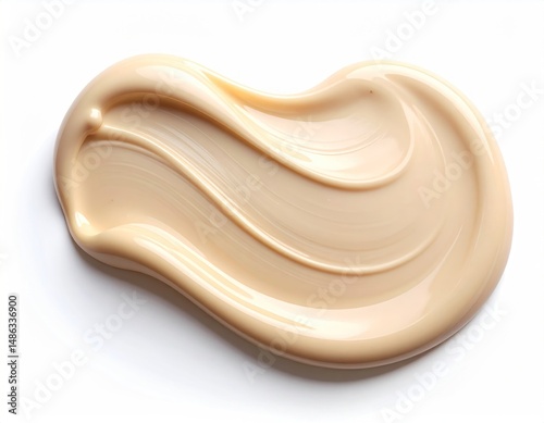 Beige cream swirl on white background. Glossy, smooth texture. Lightly reflective. Gentle curves and shapes