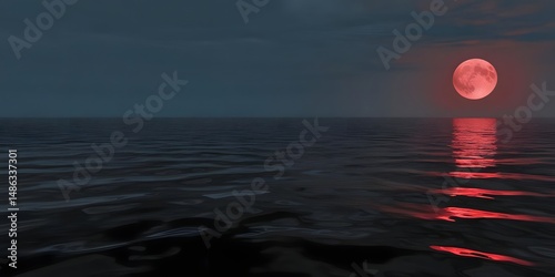 A vast, open sea under a blood-red moon, its waters unnaturally still, reflecting an ominous presence.4