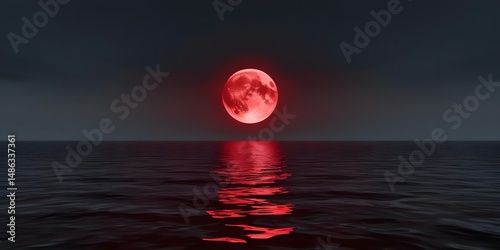 A vast, open sea under a blood-red moon, its waters unnaturally still, reflecting an ominous presence.6