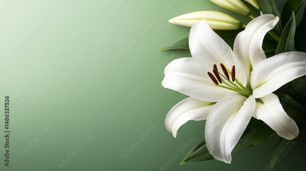 Obraz premium A striking white lily showcases its elegant petals adorned with dewdrops, set against a soft green background that highlights its delicate features and purity